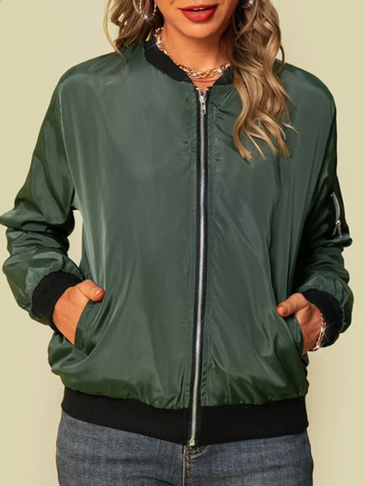 Solid color womens zipper pocket thin jacket elegant office long sleeved womens slim fit jacket autumn standing collar womens jacket 240827