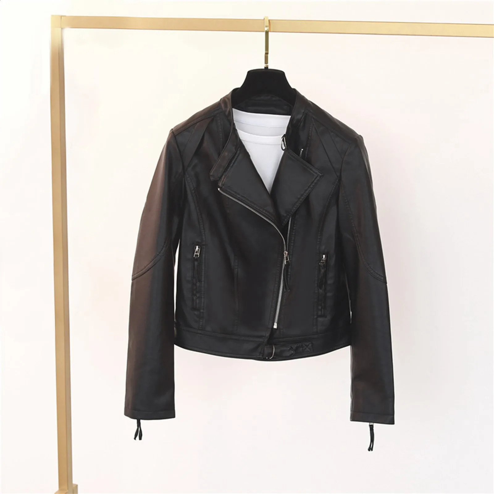 Spring and Autumn Womens Artificial Leather Jacket Fashion Coat Retro Collar Zipper Bicycle Jacket Fashion Pu Motorcycle Jacket Street Clothing 240827