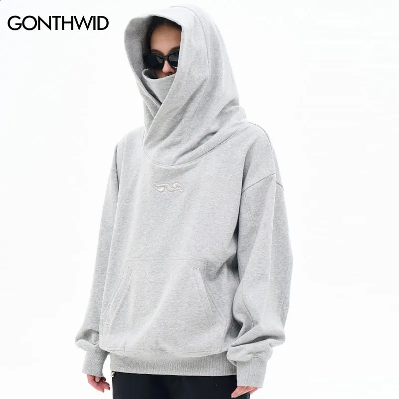 Hip hop ninja hooded streetwear embroidered solid color turtle neck sweatshirt mens Harajuku punk gothic zipper black 240826