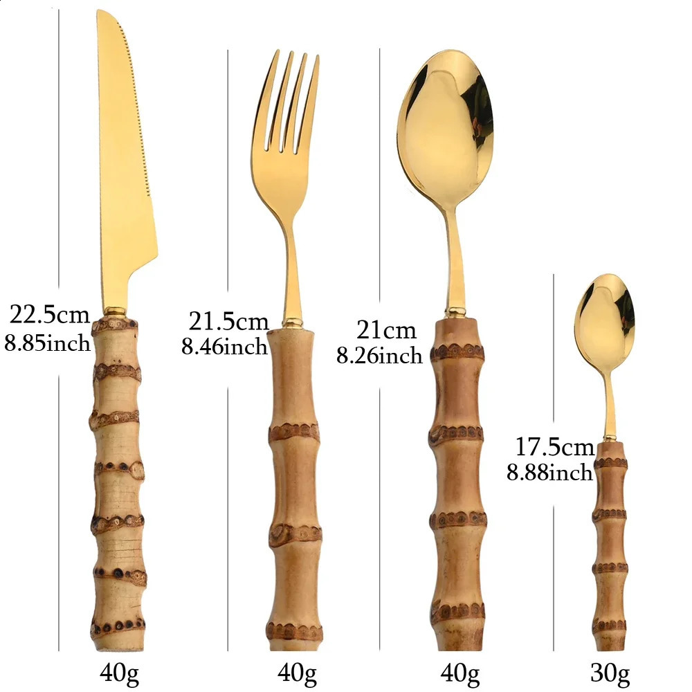 24 piece bamboo tableware set stainless steel pure natural handle w240826