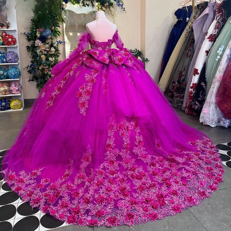 Fuia Long Sleeve 3D wers Ball Gown Quinceanera Dresses Off The Shoulder Sequined Appliques Lace Vestidos De 15 Anos