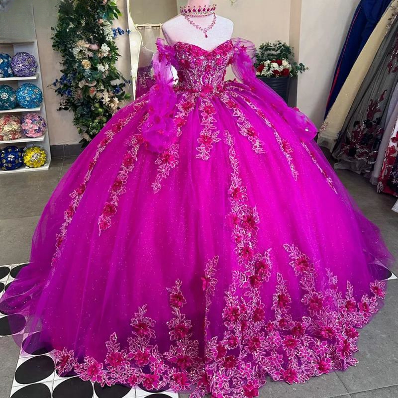 Fuia Long Sleeve 3D wers Ball Gown Quinceanera Dresses Off The Shoulder Sequined Appliques Lace Vestidos De 15 Anos