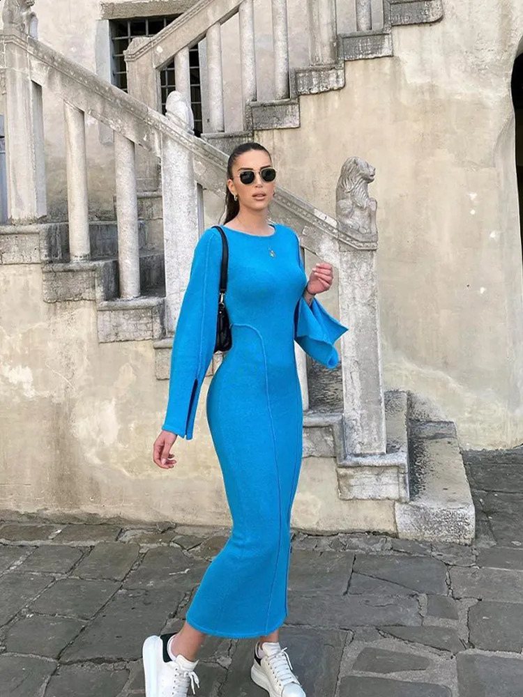 Knitted Flare Sleeve Maxi Dress Womens Elegant Patchwork Splicing Oneck Long Fashion Solid Hip Set Ultra Thin Robe 240826
