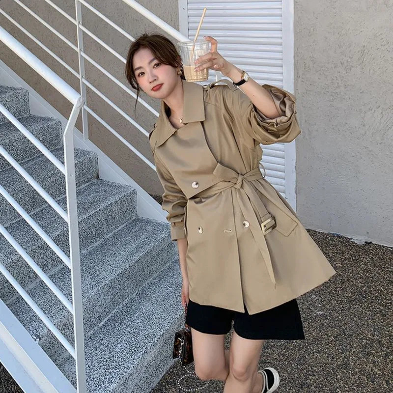 British style womens trench coat spring and autumn collar long khaki casual sleeved belt windproof 240826