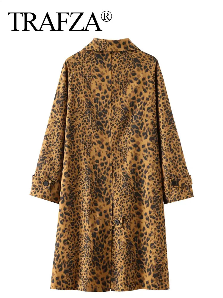 TRAFZA Womens Fashion Leopard Pattern Trench Coat Retro Long Sleeve Single Chest Jacket Street Clothing TRAF 240826