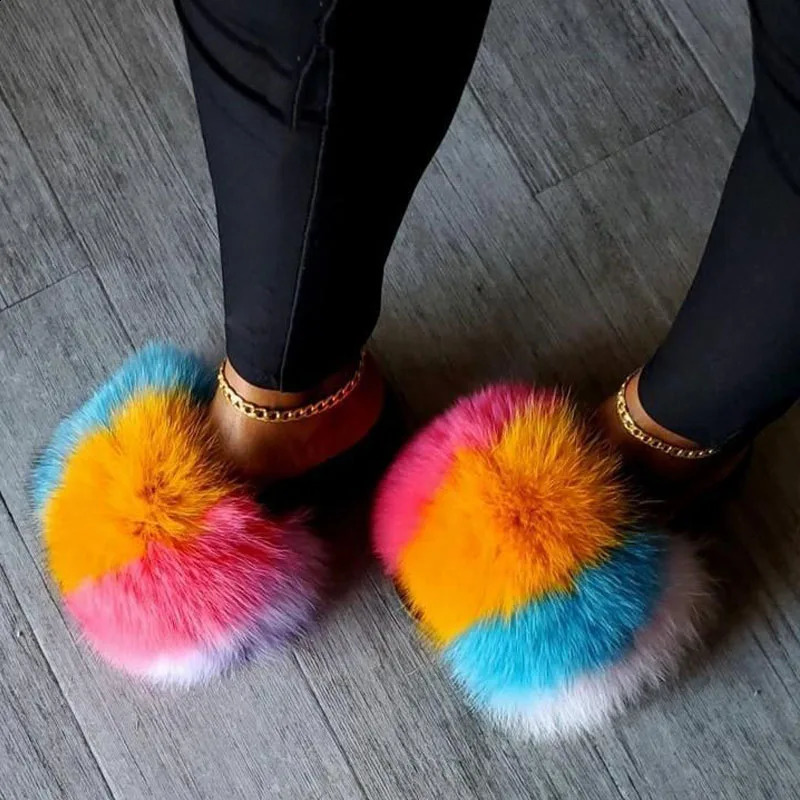Girls summer must have multi-color plush beach fur flip up womens cute home fluffy fur slider womens fur sandals 240827
