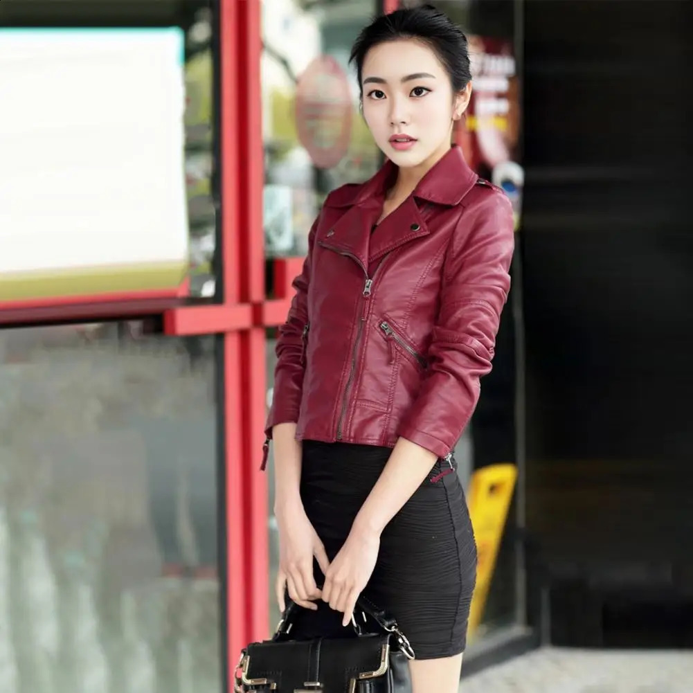 Womens Artificial Leather Jacket Fashion Womens Artificial Leather Motorcycle Jacket with Zipper Pocket Spring Autumn Coat Windproof Plus 240827