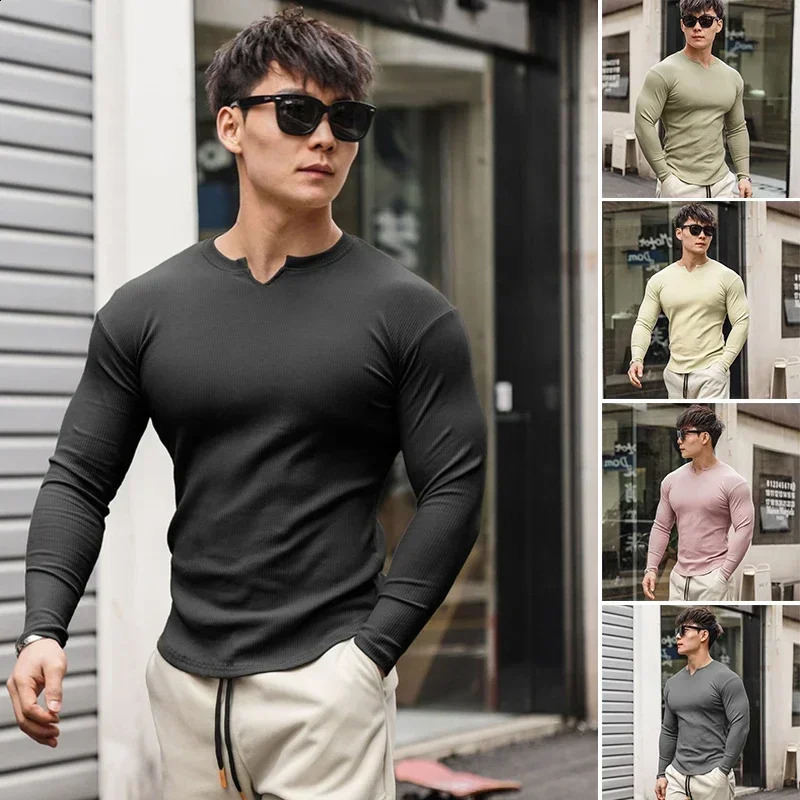fashion casual compression shirt large sports exercise Tshirt mens elastic long sleeved autumn Vneck gym 240827