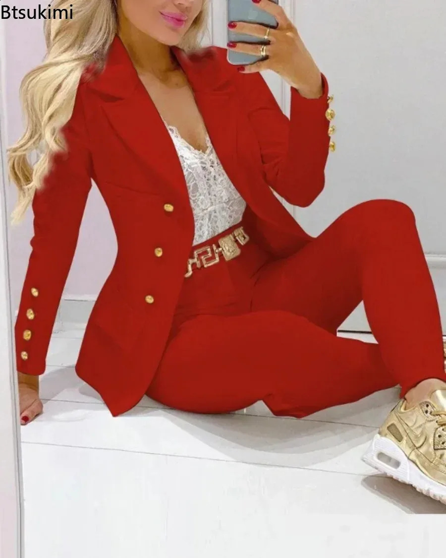 Womens 2pcs Tracksuits Solid Long Sleeve Blazer Pants Suit Sets Office Lady Tracksuit Two Piece Set Fitness Outfits Woman 240826