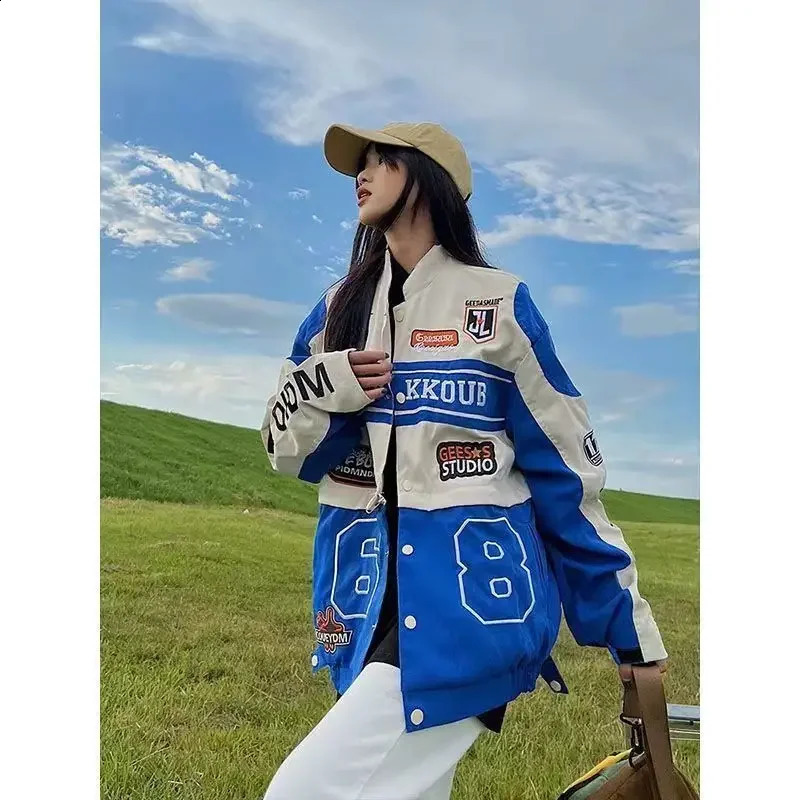 American retro girl detachable motorcycle jacket spring and autumn loose short coat female embroidery baseball uniform 240827