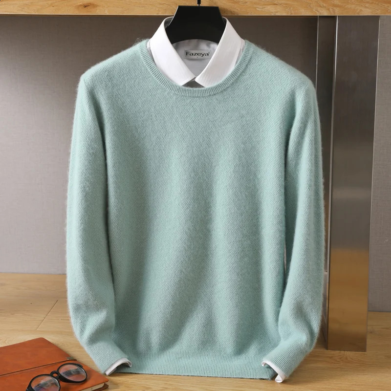 Autumn/Winter Korean 100% Mink Cashmere Mens Cold Top Solid Round Neck Pullover Casual Soft Sweater 240826