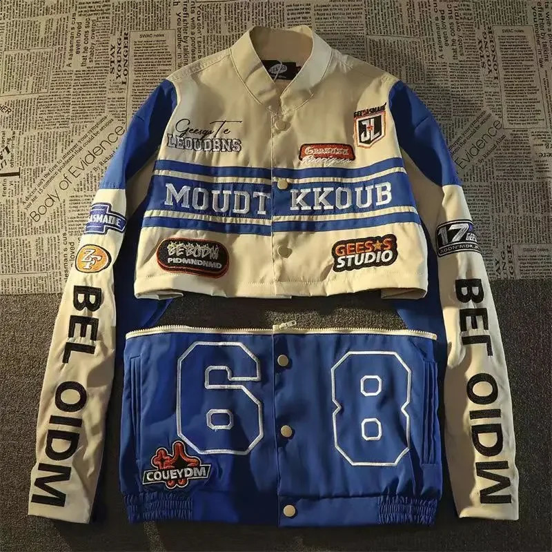 American retro girl detachable motorcycle jacket spring and autumn loose short coat female embroidery baseball uniform 240827