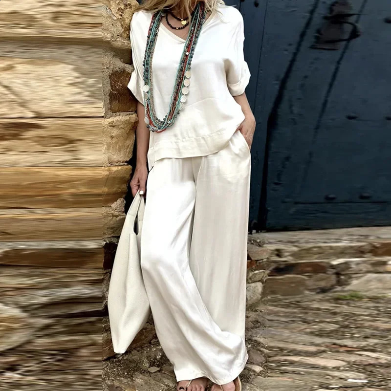Short-Sleeve Pullover Tops and Long Pants Outfits Office Lady Fashion Loose Soft Set Chic Women Casual V Neck Tee Shirt Suit 240826