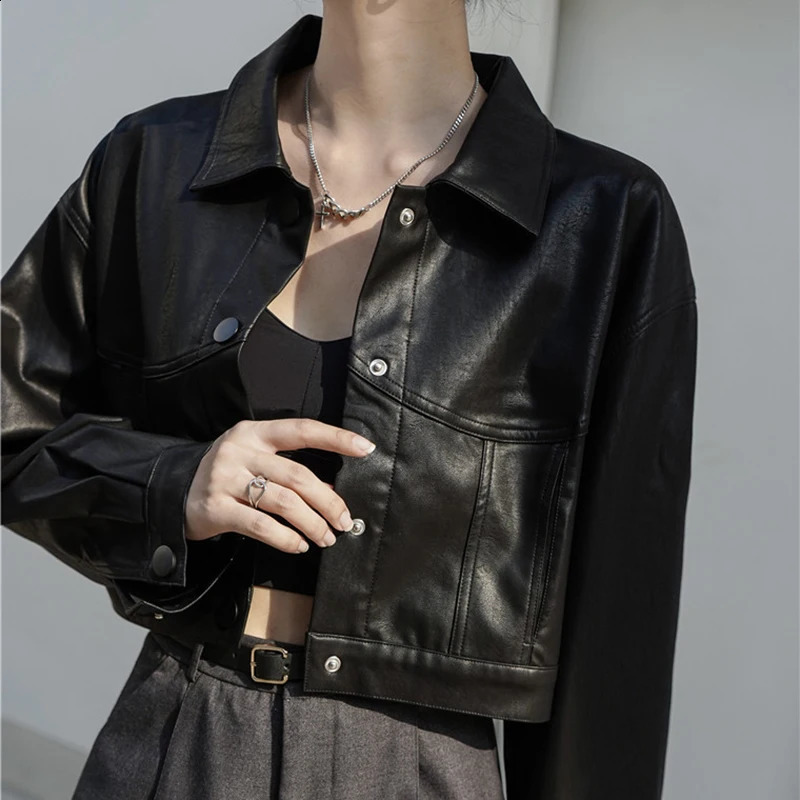 HELIAR womens PU leather jacket motorcycle cool jacket long sleeved single chest street clothing cardigan wool sweater solid short top for autumn and 