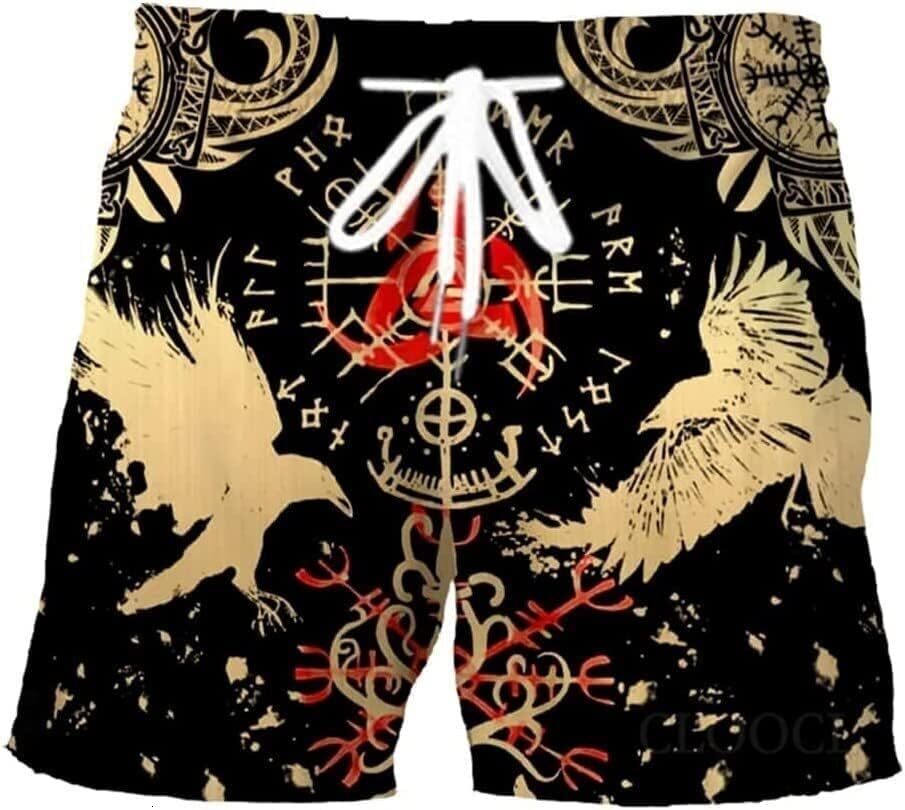 Beach Pants For Men 3D Printed Viking Board Shorts Norse Crow Totem Swimming Trunks Casual Athletic With Pockets Summer Sports