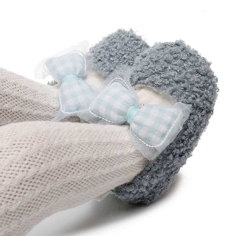 Suefenskry Baby Girl Cute Moccaliss Flat Bottom Bow Knot Soft Bottom Coral Velvet Flat Shoes First Step Walker Autumn/Winter Princess Shoes M240827