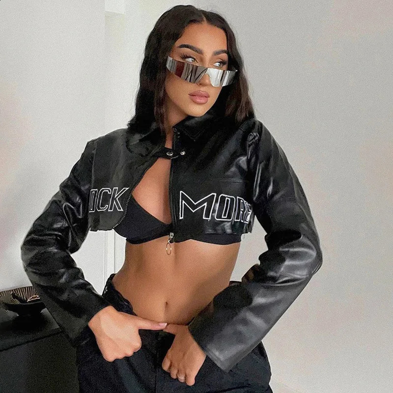 PU Leather Short Jacket Zipper Long Sleeve Cutting Coat Letter Printing Harajuku Autumn Spring Fashion Street Clothing Black Coat 240827