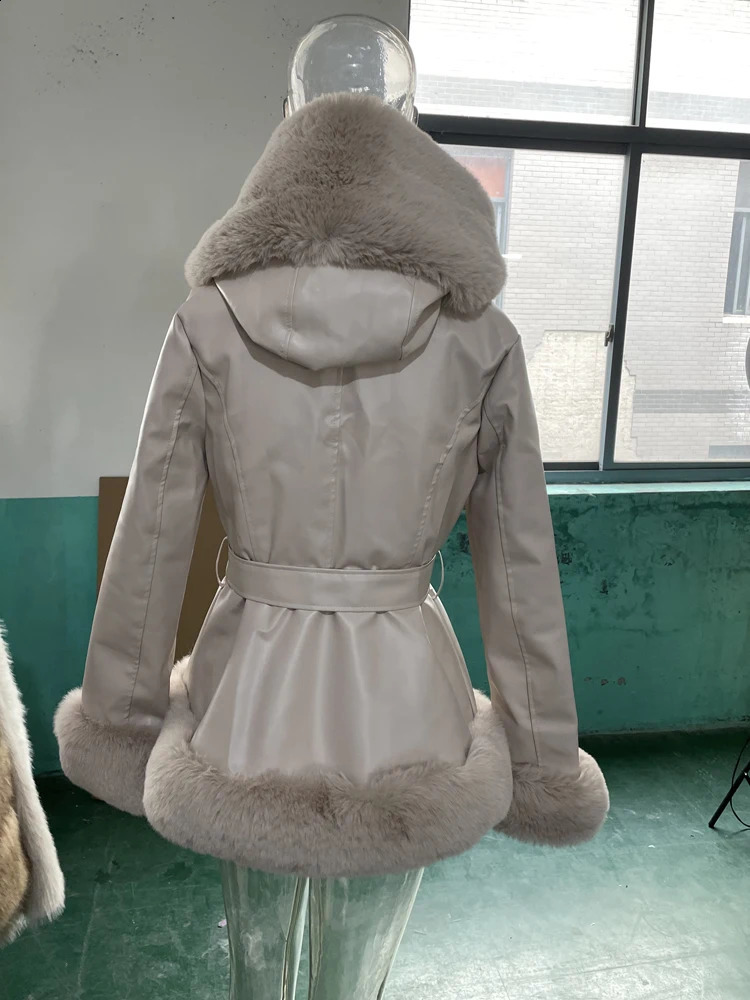 EE1492 PU Leather Short Jacket Womens Fashion Tie Waist Coat Womens Elegant Artificial Fur Hooded Coat Womens Fur Lining Womens 240826