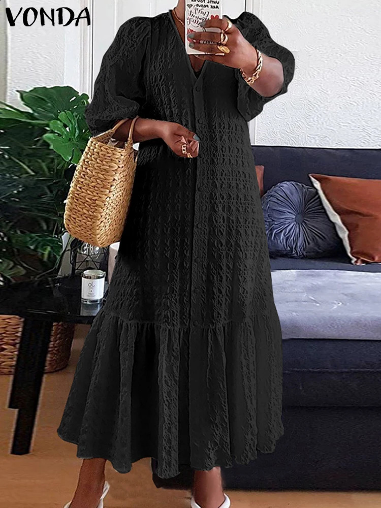 Plus Size 5XL VONDA Women Shirt Dress Summer Sexy V Neck Buttons Half Sleeve Long Maxi Vestidos Bohemian Elegant Party Robe 240827