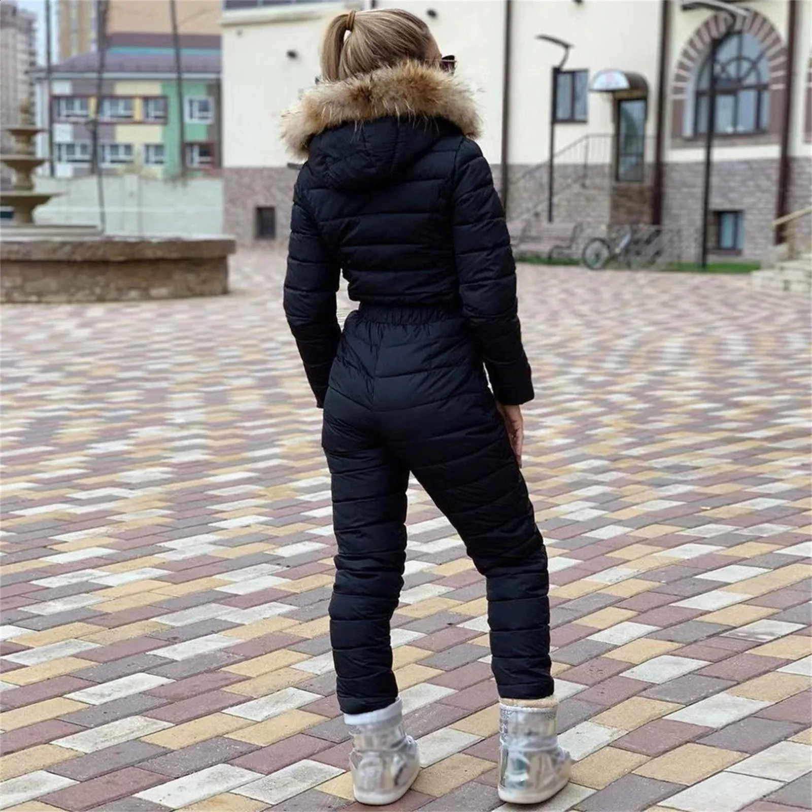 Winter warm ultrathin onepiece ski suit womens thick cover Parka outdoor sports windproof with fur collar 240826