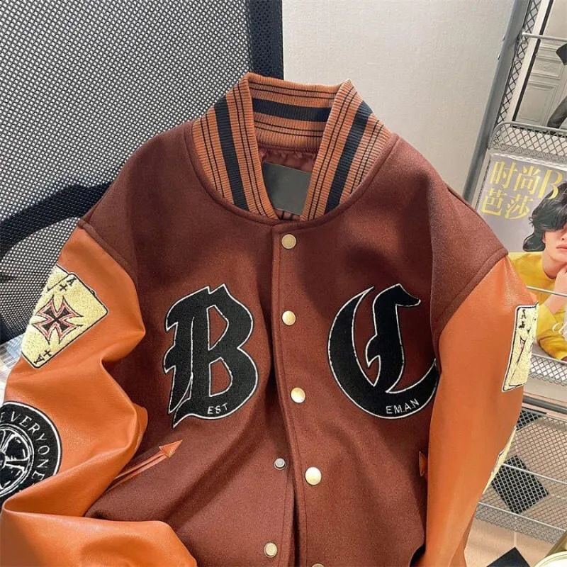 American Retro Letter Flocking Splicing Jacket Female Y2K High Street Fashion Hip-hop Loose Tooling Baseball Uniform Jacket 240827