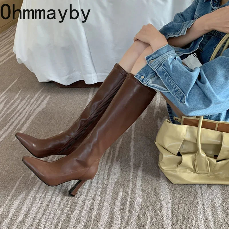 Winter womens long boots fashion thin high heels high knee boots womens black brown sexy womens knight boat botas de mujer 240827