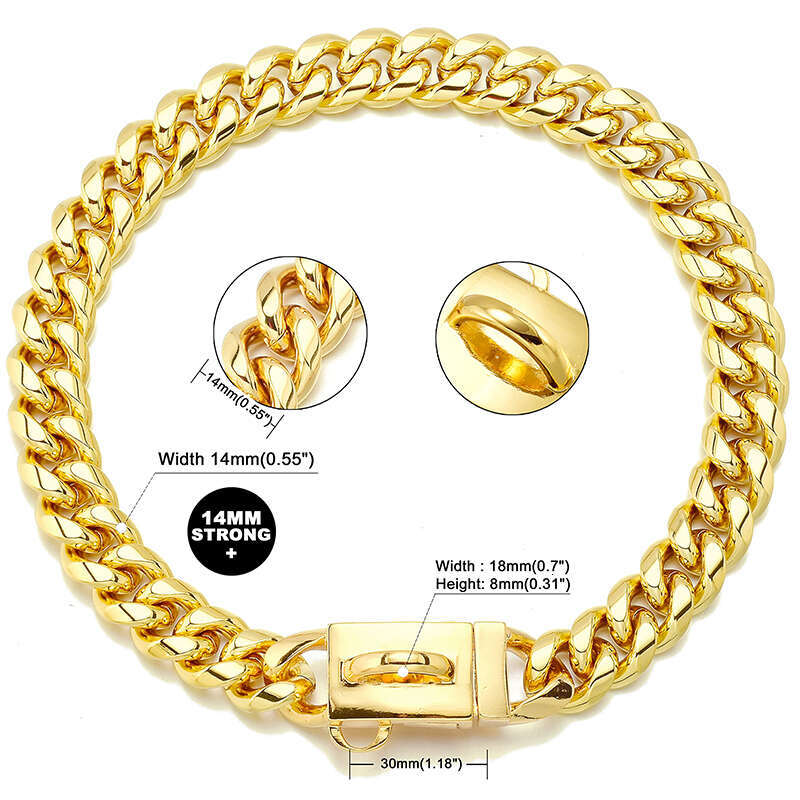 Gold Stainless Steel Cuban k Chain 14mm Wide Metal Pet Necklace for Small Medium Large Dog Collar Product