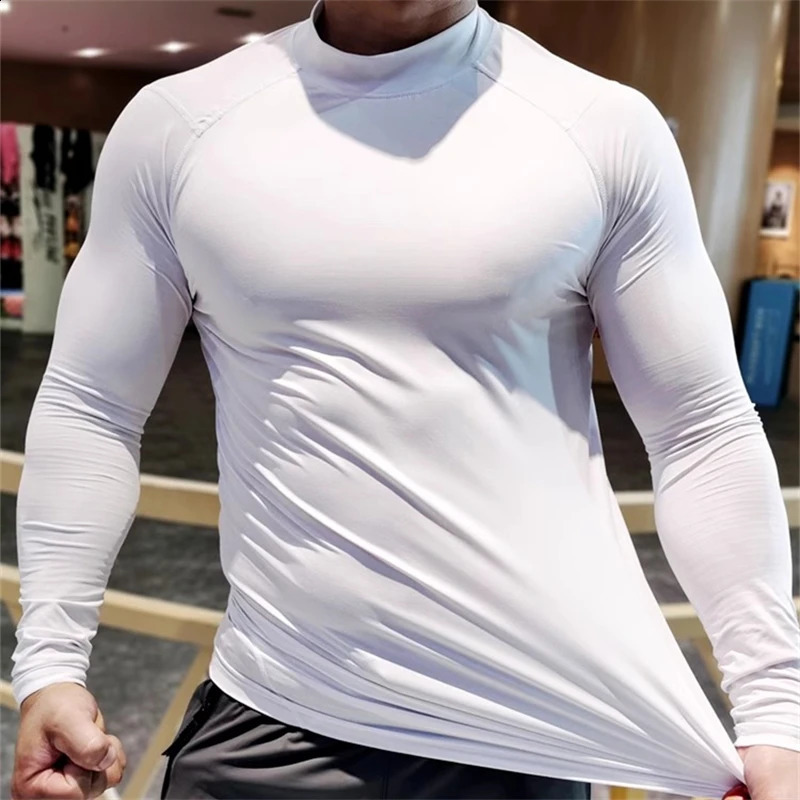 Mens autumn sports compression Tshirt half turtle neck long sleeved top pure ultrathin mens running gym sportswear 240827