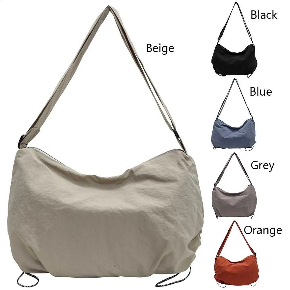 Casual Nylon Hobo Bag Large Capacity Underarm Bag Zipper Travel Sling Bag with Adjustable Strap W/Drawstring for Women Daily Use 240826