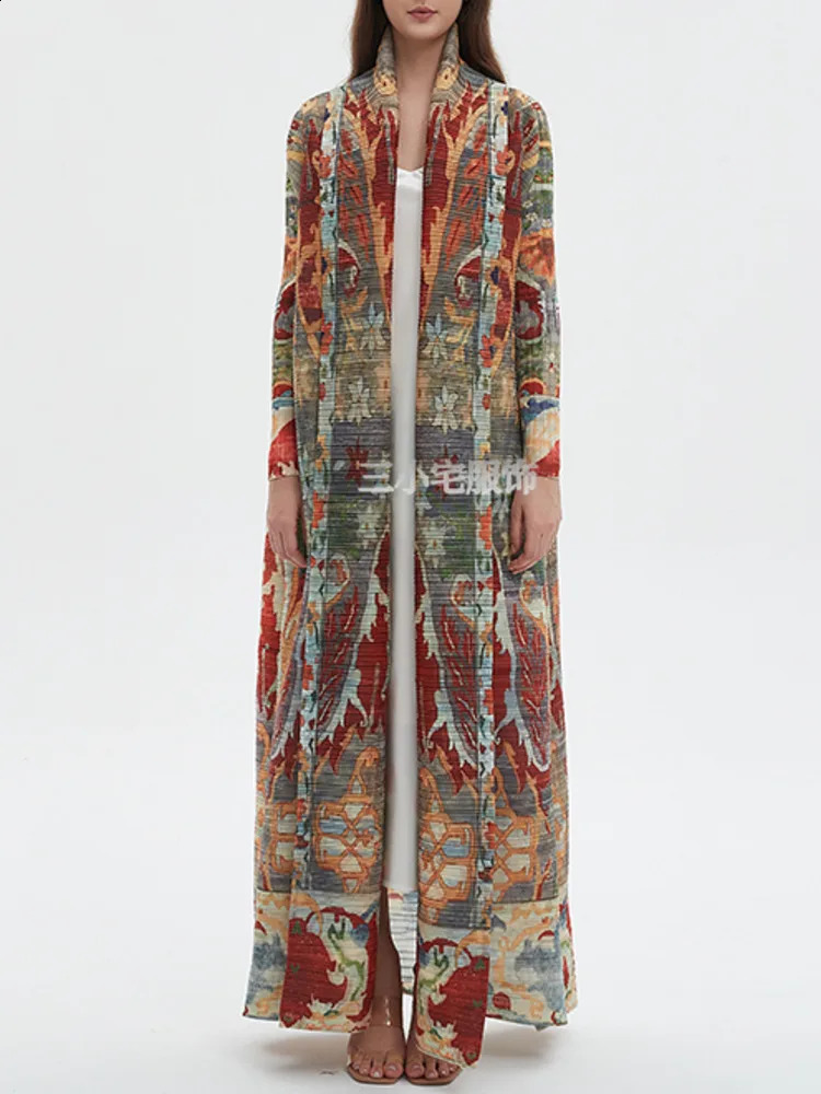 Lanmrem retro printed pleated windproof long contrasting color loose Scraf collar trench coat fashionable clothing 32C1093 240826