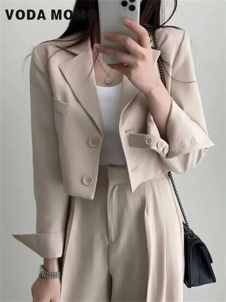 Spring Korean Casual Elegant Suits Blazer Jacket Wide Leg Trousers High Waist Pants Suits Female 2 Piece Sets Crop Top Coats 240826