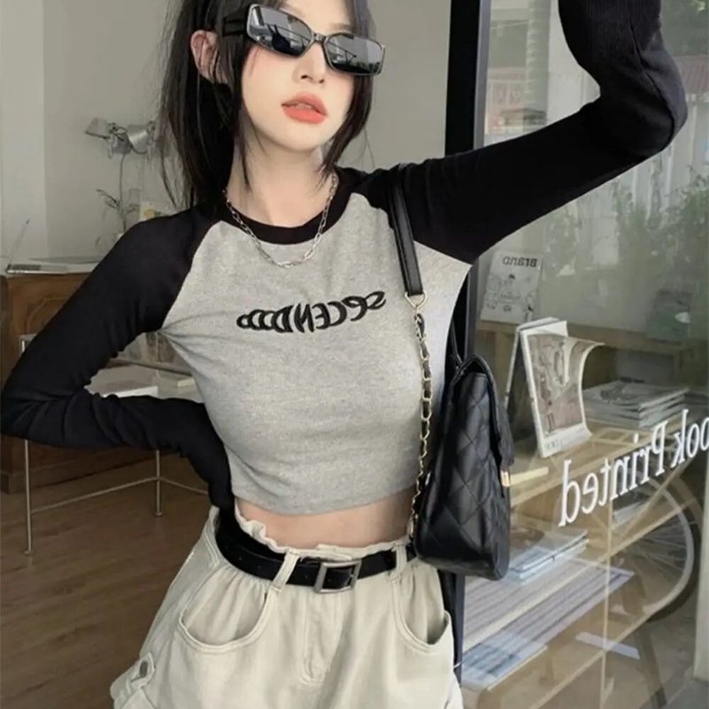 Womens letter printed T-shirt autumn long sleeved patchwork top fashionable retro Y2K ONeck comparison crop Kpop 240826