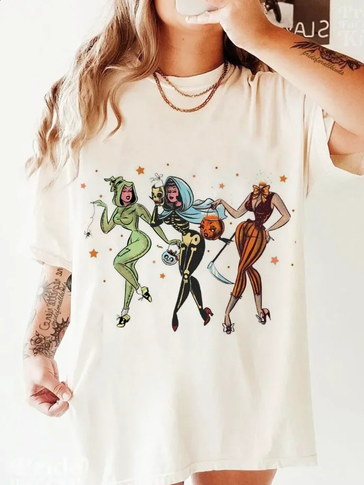 Vintage Halloween Ghost Pattern Kawaii T-shirt Short Sleeve Womens Printed Watercolor Fashion Top Womens T-shirt 240827
