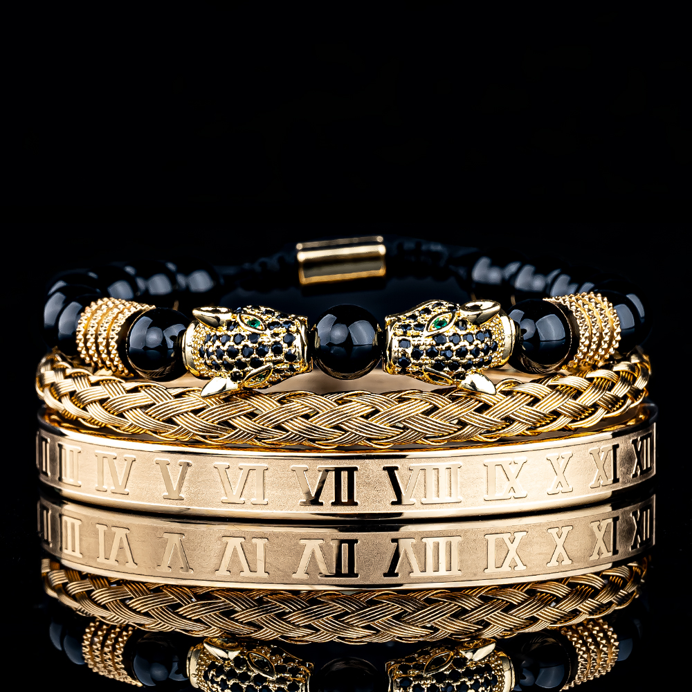 3PCS Mens Premium Black Agate Beaded Bracelet Set - Double Leopard Head, Roman Numerals, Adjustable Braided Design Bracelets Men Bracelets