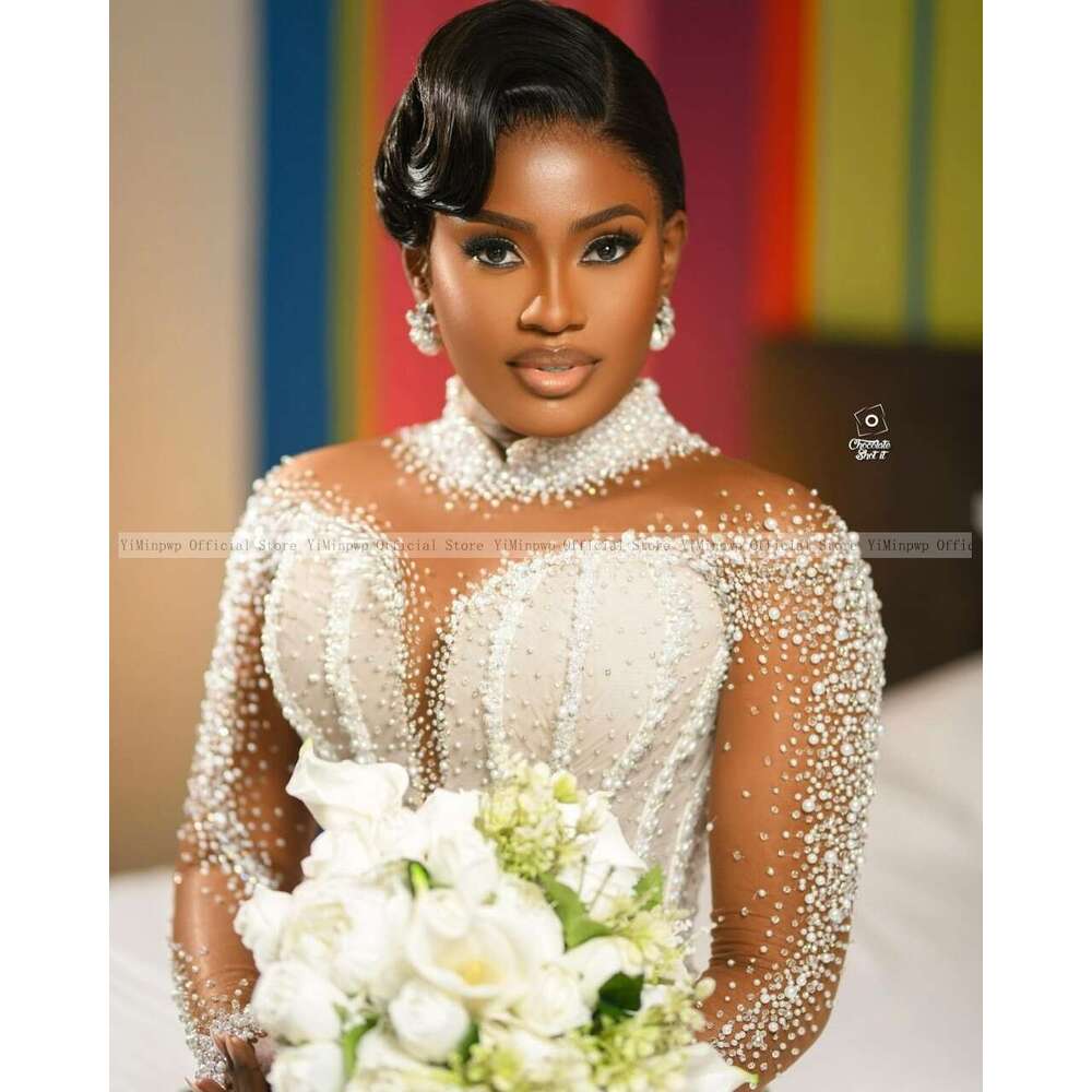 Lavish Mermaid Wedding Dresses for Bride High Neck Long Sleeve Pearls Beading African Bridal Gowns robes