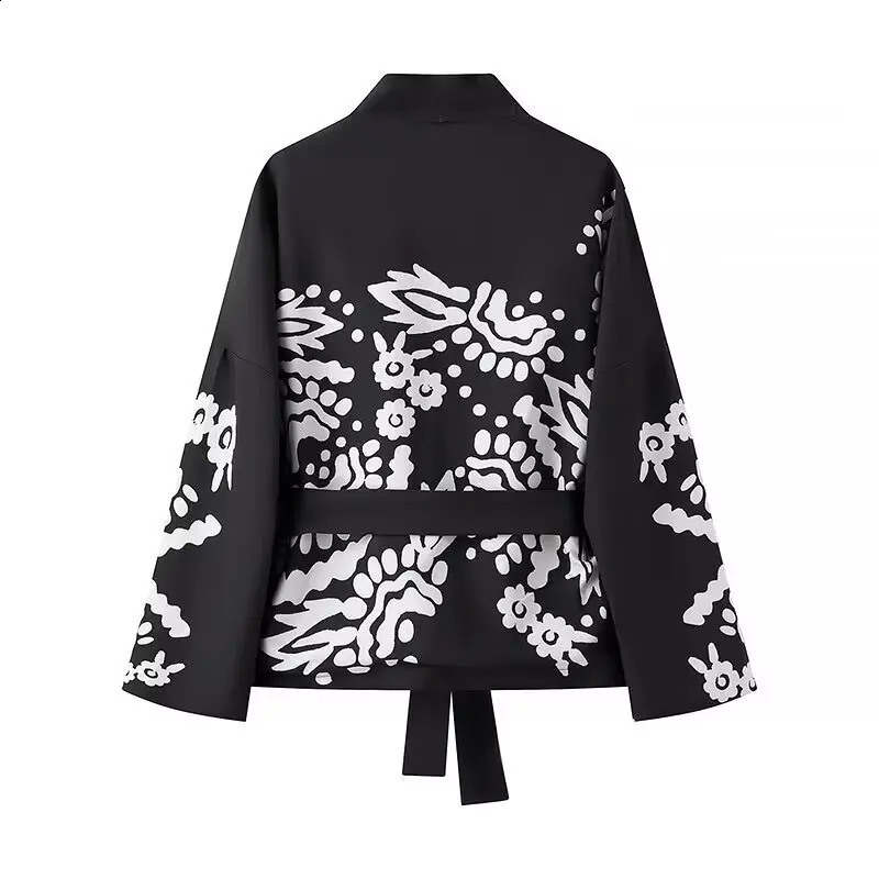 Belt floral print jacket for women Y2k loose elegant long sleeved womens dress zipper fashionable sweet cool ultra-thin jacket 240827