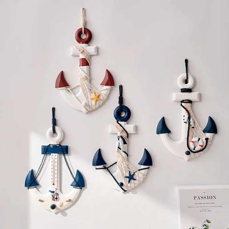 33cm Mediterranean Style Wood Anchor Ornament Nautical Decor Hanging Crafts Thermometer Wall Hanging Hook DIY Home Room Decor 240827
