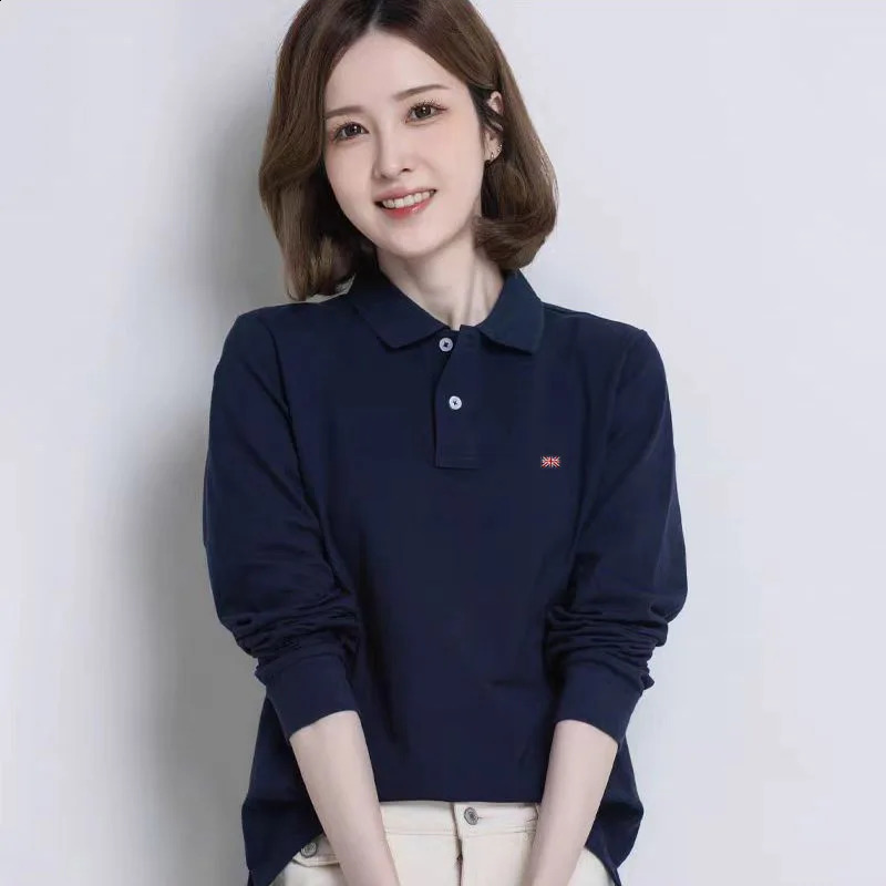 High quality spring and summer womens polo shirt long sleeved casual cotton womens T-shirt fashionable slim fit womens top 240827