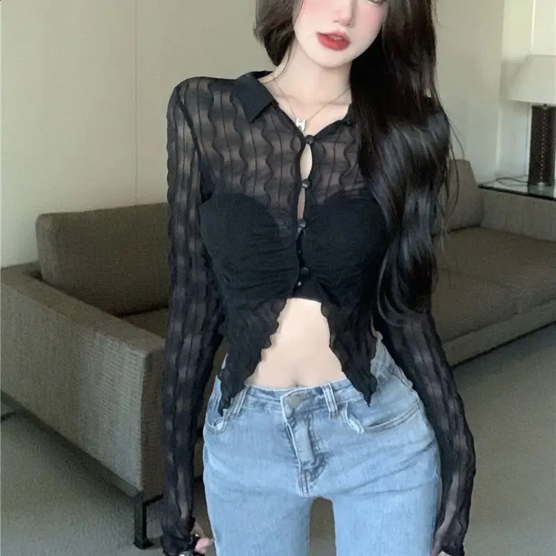 Sexy short sleeved womens streetwear Y2k clothing Harajuku polo neck long sleeved crop top ultra-thin club black shirt n elastic 240827