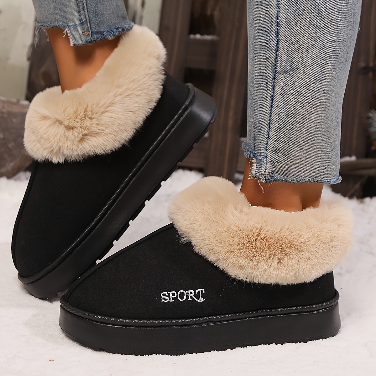 Women's Solid Color Fluffy Slippers, Soft Sole Platform Plush Lined Warm Shoes, Non-slip Floor Mute Shoes Snow boots