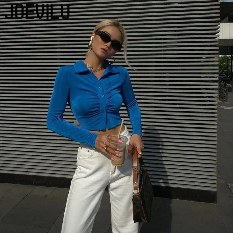 Polo neck pleated crop shirt pleated single chest long sleeved T-shirt for women Korean fashion slim fit top sexy casual Y2K shirt 240827