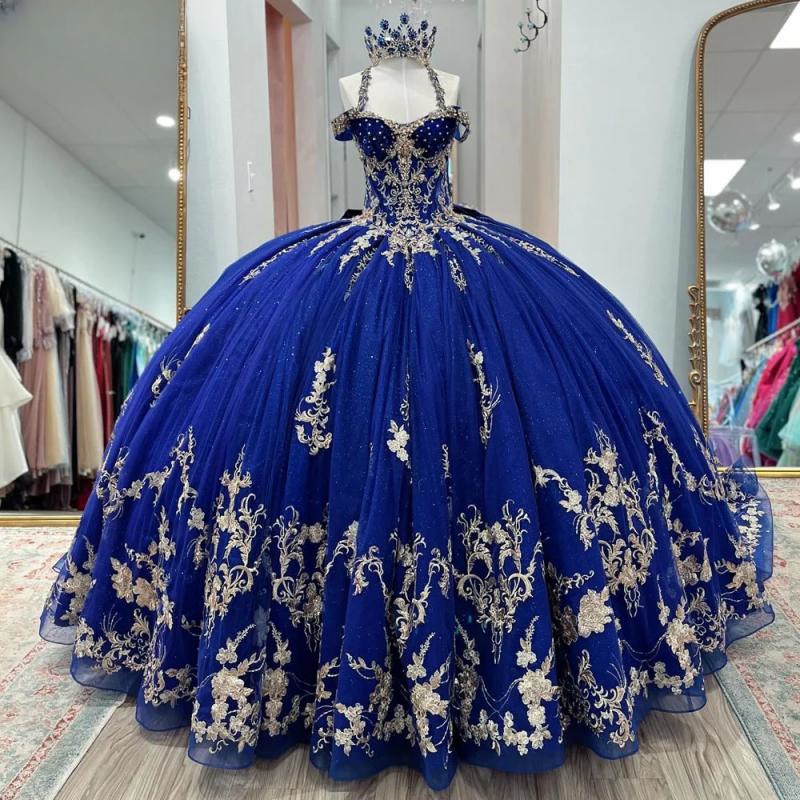 Royal Blue Glitter Quinceanera Dresses Ball Gown Lace Applique Beading Sequins Spaghetti Corset Sweet 16 Vestido De 15 Anos