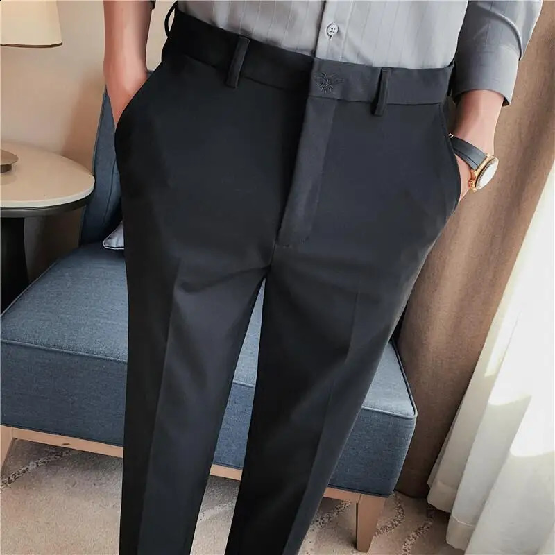 Summer Embroidered Business Formal Pants Men Korean Style Slim Office Social Suit Pants High Quality Streetwear Ankle Pants 240827