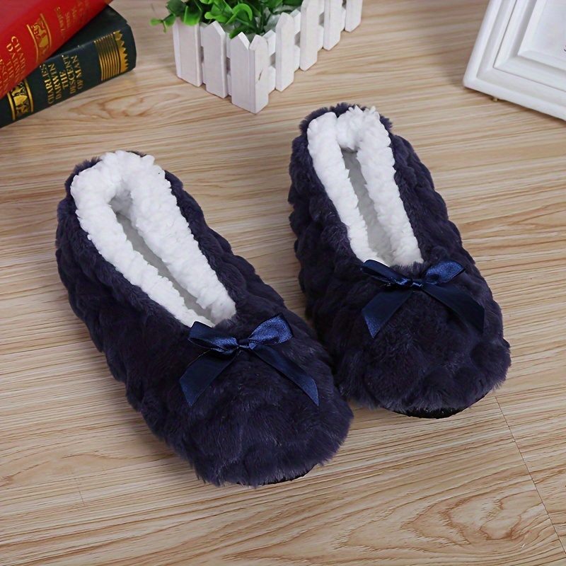 Cute Bowknot Plush House Slippers boots, Solid Color Slip On Fuzzy Flat Shoes, Winter Warm Home Floor Slippers booties
