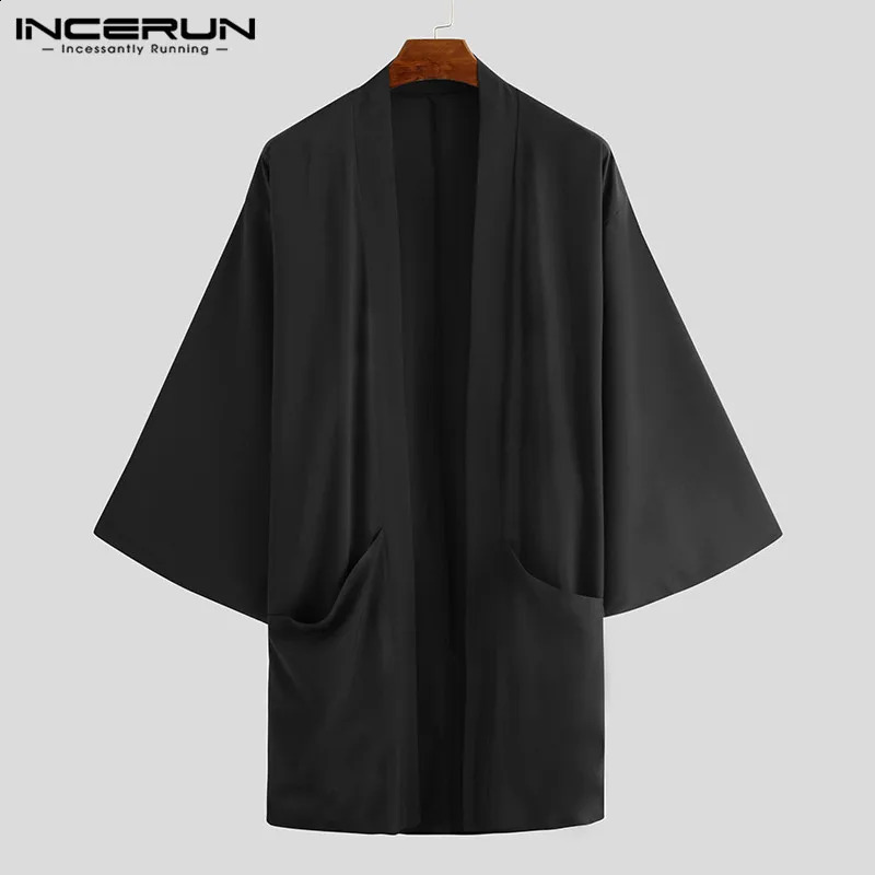 Mens Open Collar Loose Long Sleeve Street Clothing Ditch Fashion Retro Punk Solid Coat Cloak INCERUN 5XL 240827