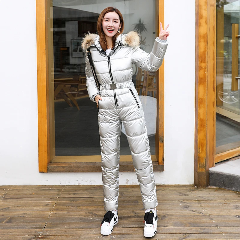 One piece ski suit womens jacket winter jumpsuit Parka hooded cotton bodysuit zipper 240826