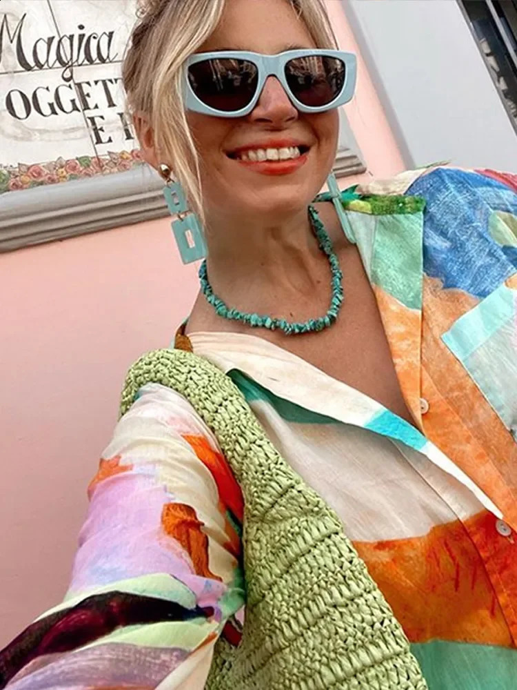 Fashion Printed Long Pant Sets for Women Casual Long Sleeve Pocket Shirt Loose Wide Leg Trousers Female 2 Pieces Set Streetwear 240826