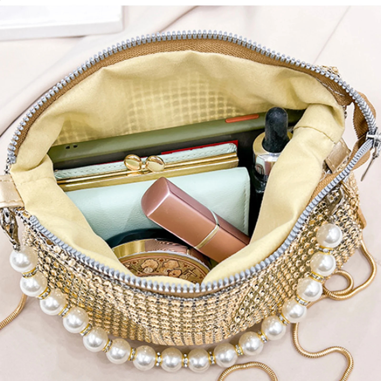 Pearl Full Rhinestone Delicate Handbag Fashion Shiny Gold Party Dinner Bag Shoulder Elegant Silver WomenS Phone Money Purse 240827