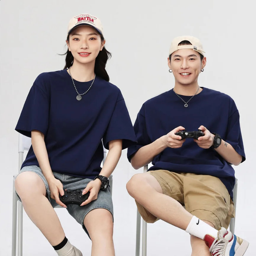 Summer Solid Color 230g Heavy duty Cotton Bottom Mens Casual Round Neck Short Sleeve Tshirt 240827