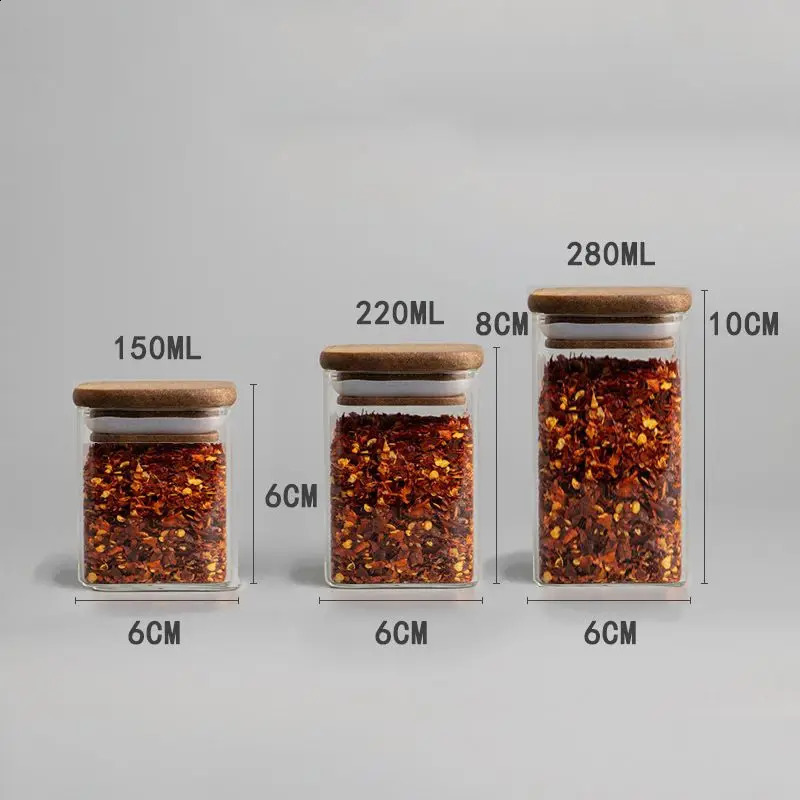 4 pieces of Acacia wood lid seasoning jar square transparent glass bottle kitchen storage salt spice restaurant sealed w240826